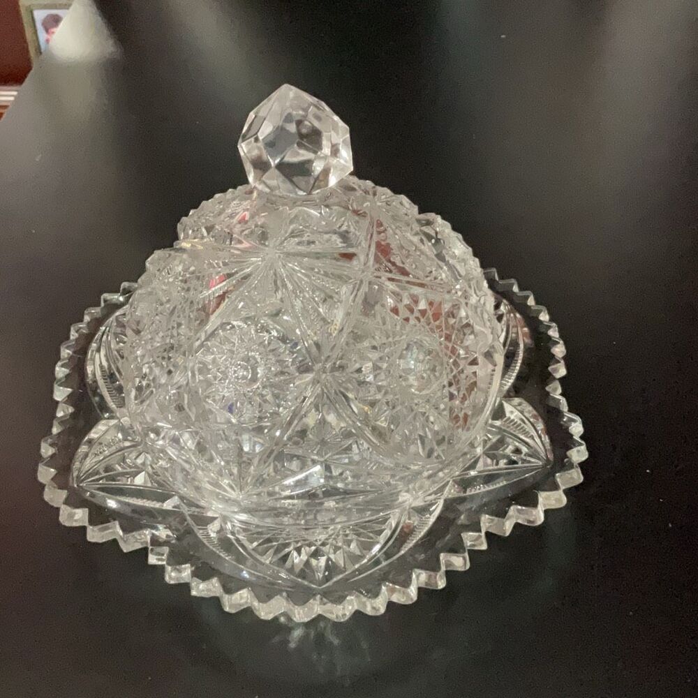 McKee Prescot Toltec Clear Cut EAPG Antique Domed Butter Dish Cheese UV Glow